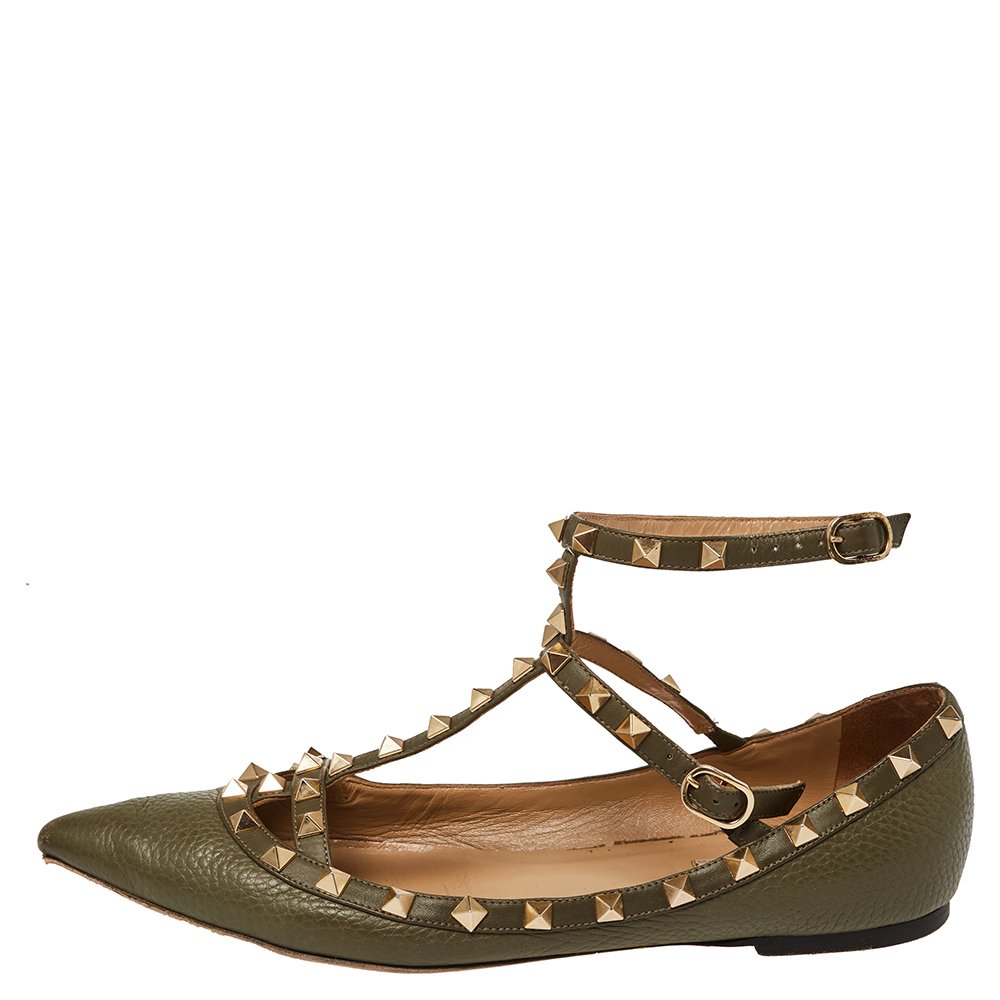 

Valentino Green Leather Rockstud Ankle Strap Ballet Flats Size