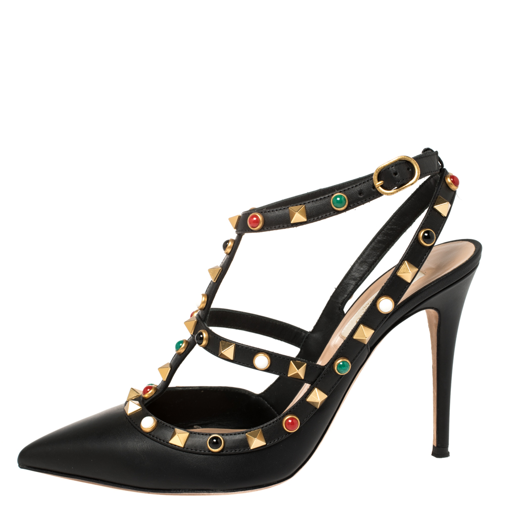 

Valentino Leather Rolling Rockstud Ankle Strap Sandals Size, Black