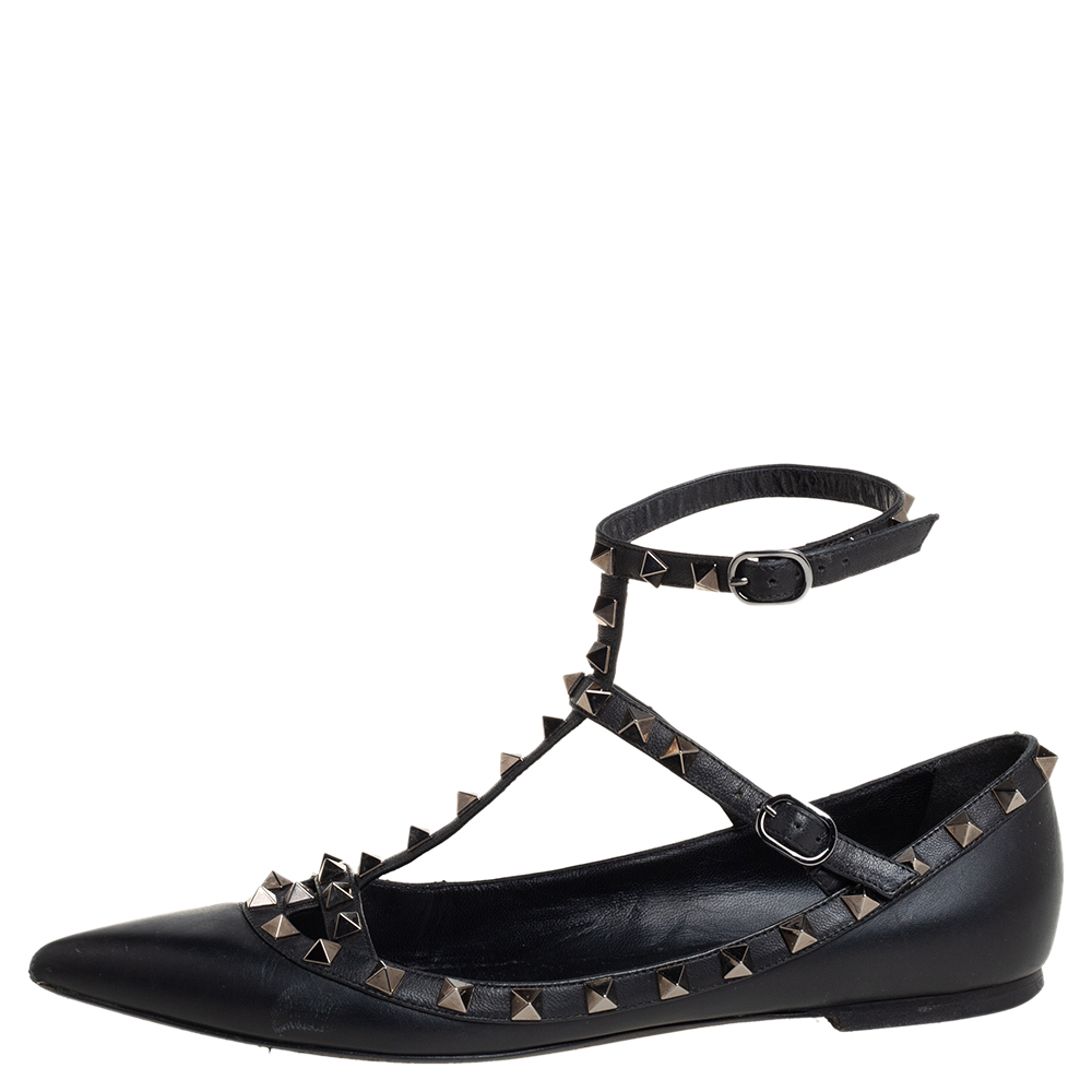 

Valentino Black Leather Rockstud Ankle Strap Flats Size