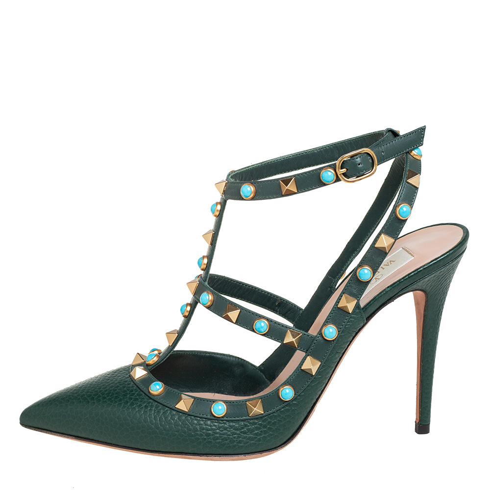 

Valentino Dark Green Leather Rolling Rockstud Pointed Toe Ankle Strap Sandals Size