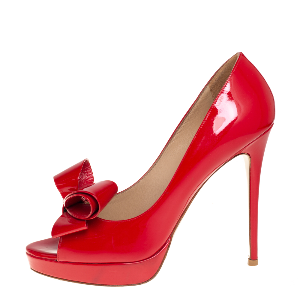 

Valentino Red Patent Leather Bow Peep Toe Platform Pumps Size