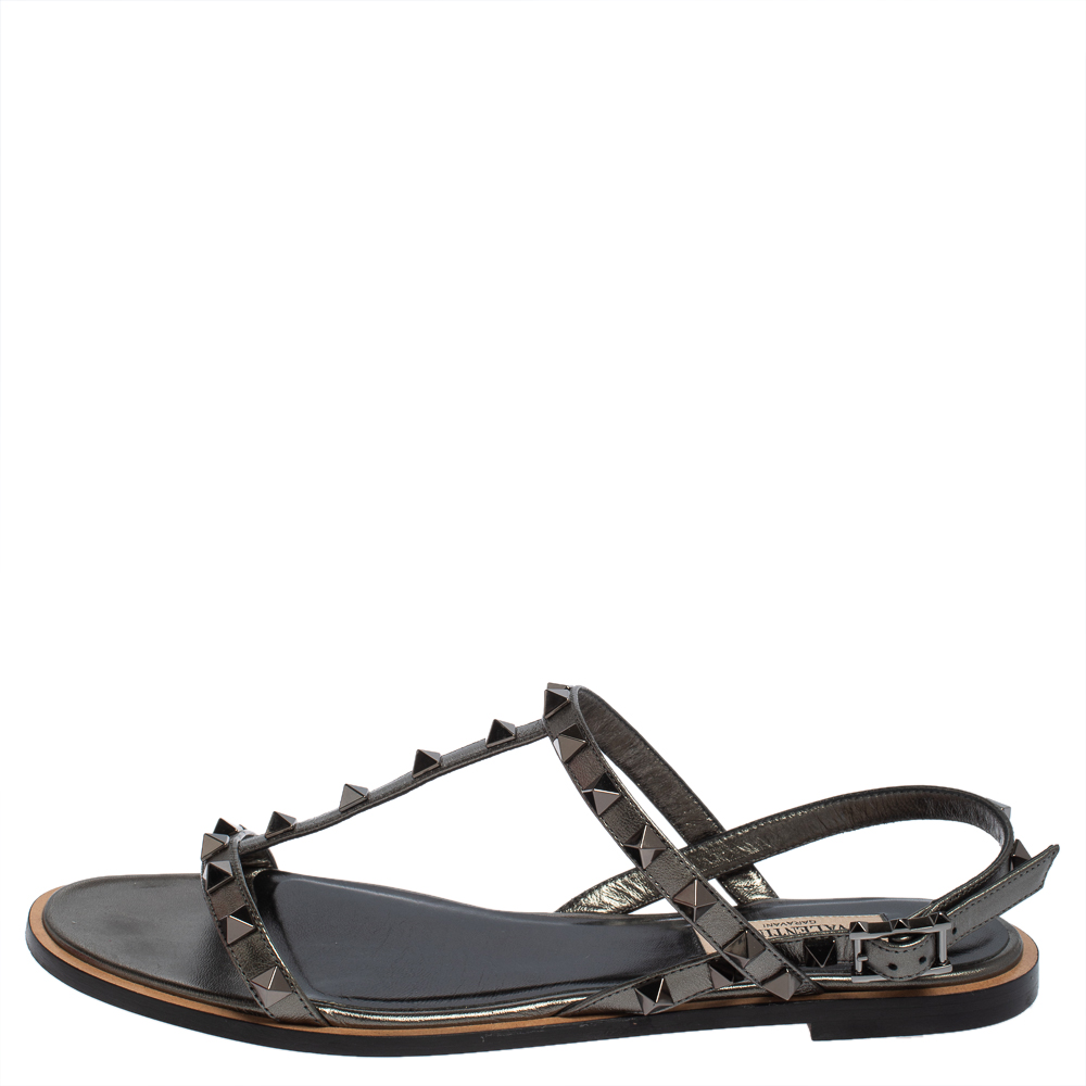 

Valentino Metallic Grey Leather Rockstud Slingback Sandals Size