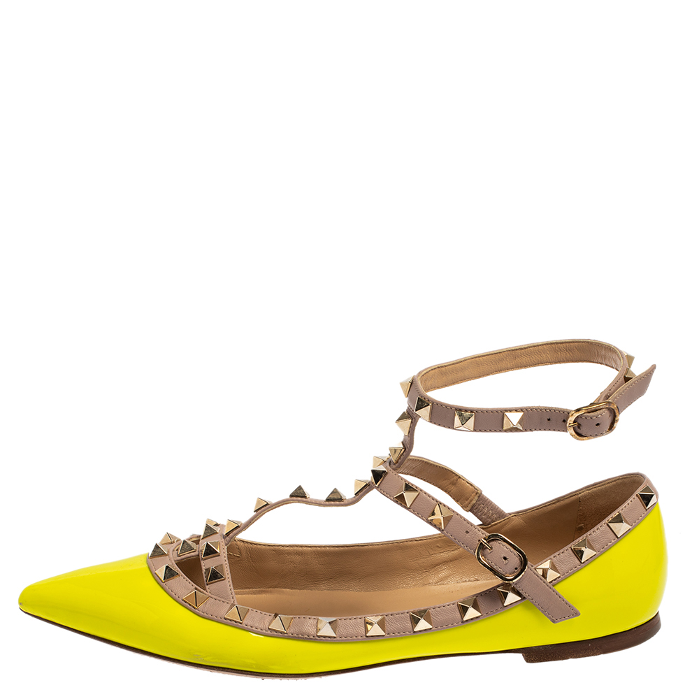 

Valentino Neon Green Patent And Leather Rockstud Ankle Strap Ballet Flats Size