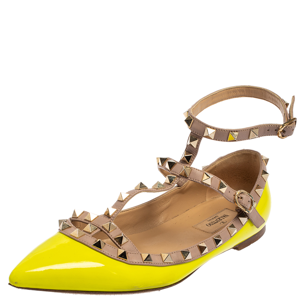 Pre-owned Valentino Garavani Neon Green Patent And Leather Rockstud Ankle Strap Ballet Flats Size 38.5