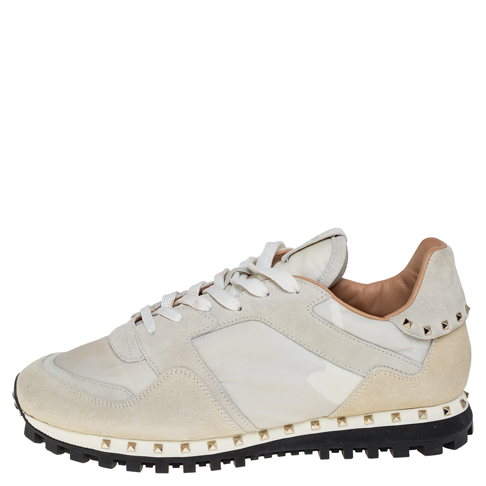 

Valentino White/Cream Suede And Nylon Rockstud Sneakers Size