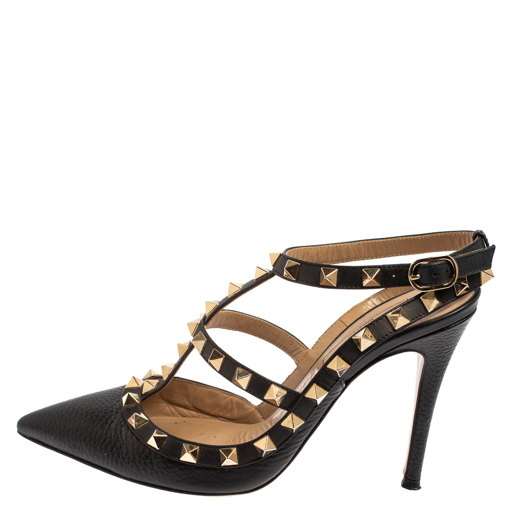 

Valentino Black Leather Rockstud Ankle Strap Pointed Toe Sandals Size