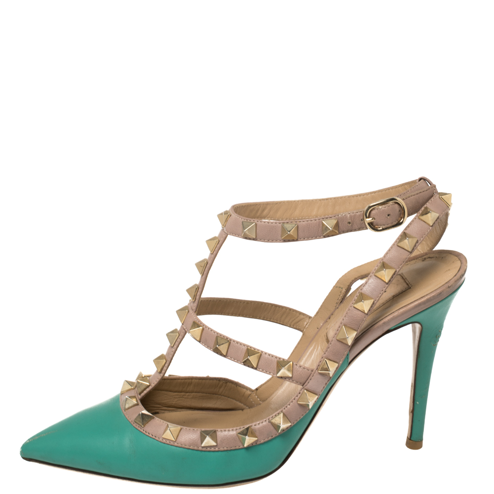 

Valentino Green/Beige Leather Rockstud Ankle Strap Sandals Size