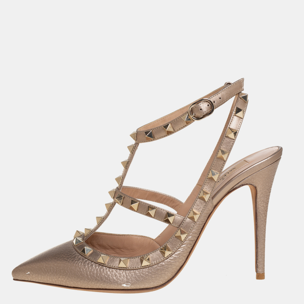 

Valentino Gold Leather Rockstud Ankle Strap Sandals Size