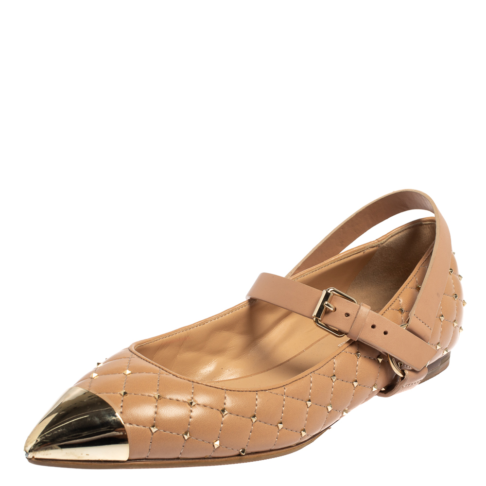 Pre-owned Valentino Garavani Beige Leather Rockstud Spike Metal Cap Toe Ballet Flats Size 39