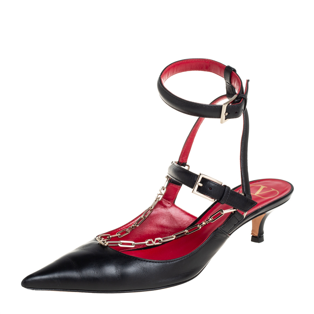 Pre-owned Valentino Garavani Black Leather Chain Detail Slingback Sandals Size 37.5
