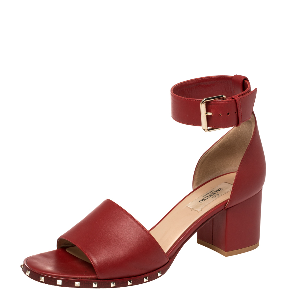 Pre-owned Valentino Garavani Red Leather Rockstud Ankle Strap Sandals Size 38