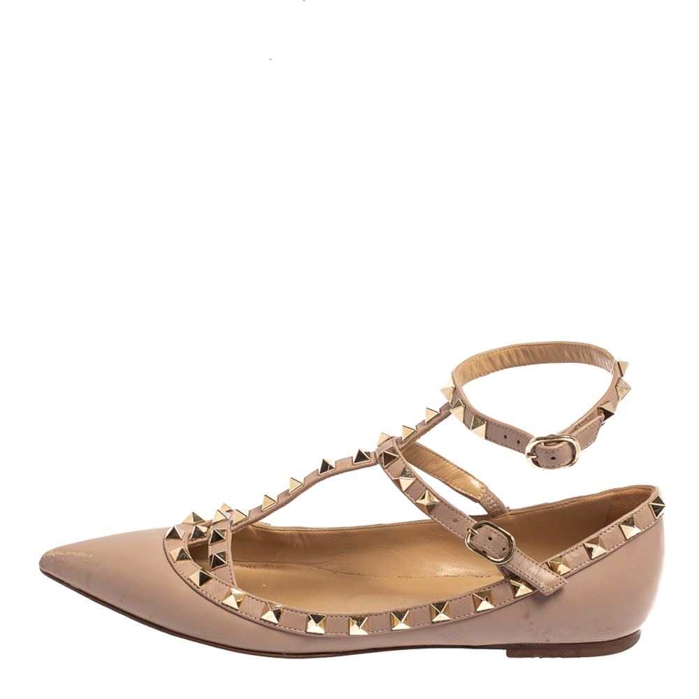 

Valentino Beige Leather Rockstud Ankle Strap Ballet Flats Size