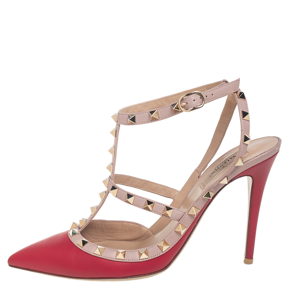 

Valentino Red/Beige Leather Rockstud Ankle Strap Pumps Size
