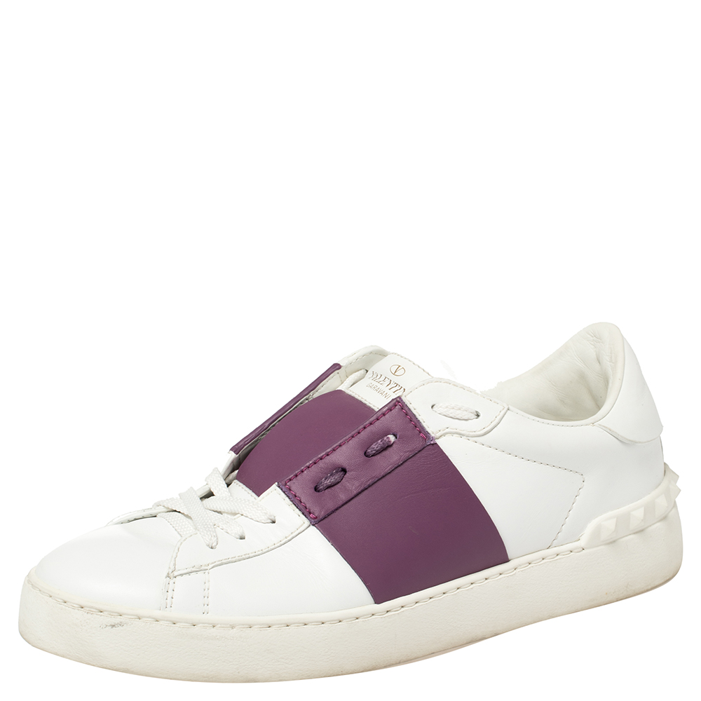 Pre-owned Valentino Garavani White/purple Leather Rockstud Low Top Sneakers Size 39