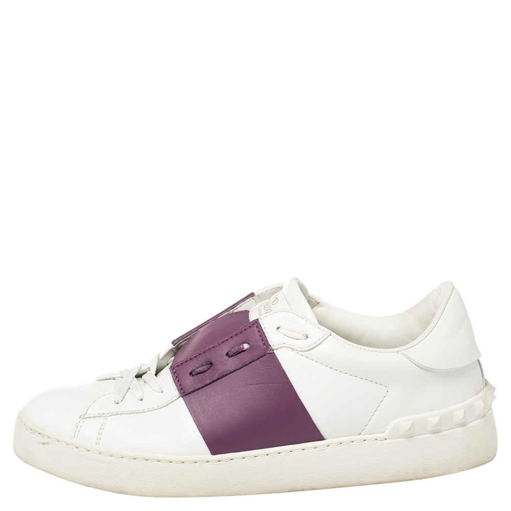

Valentino White/Purple Leather Rockstud Low Top Sneakers Size