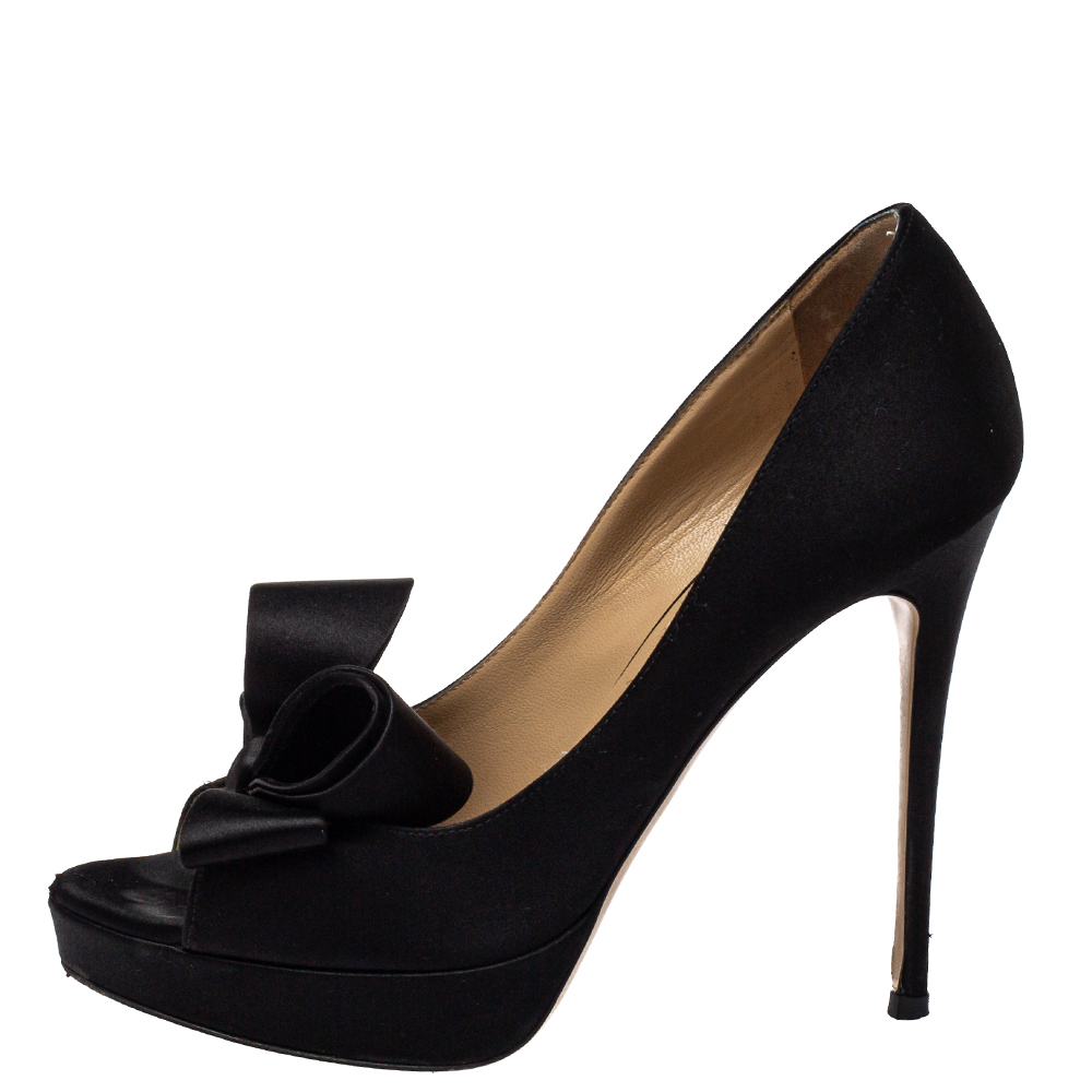 

Valentino Black Satin Bow Platform Pumps Size