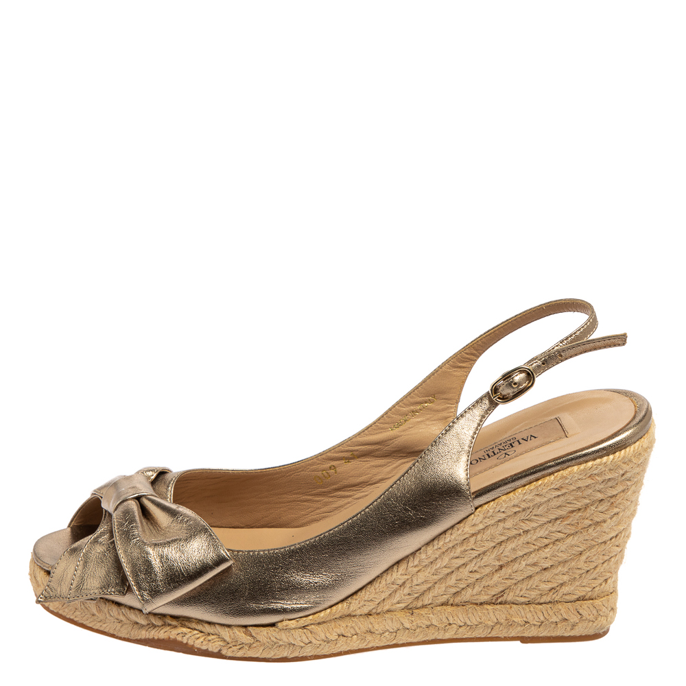 

Valentino Metallic Gold Leather Mena Bow Slingback Espadrilles Wedges Size