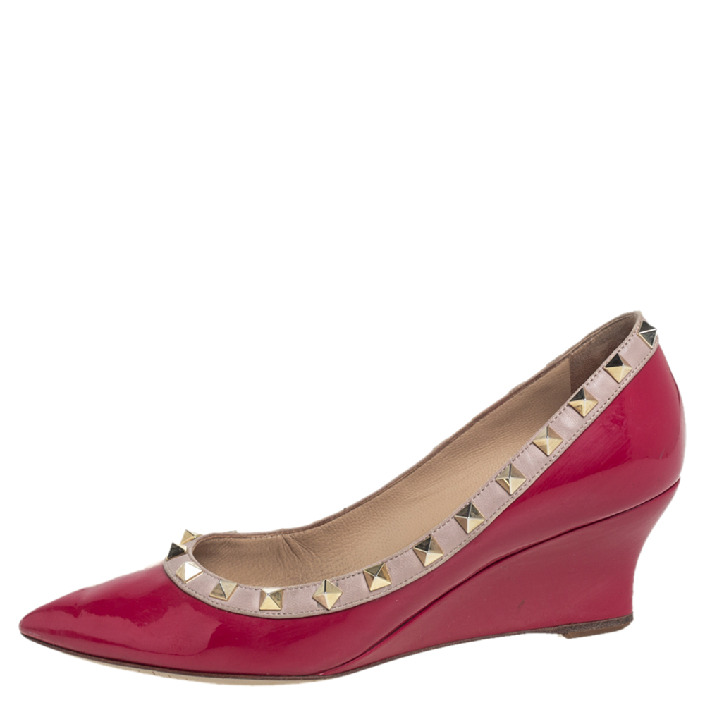 

Valentino Pink Patent And Leather Rockstud Wedge Pumps Size