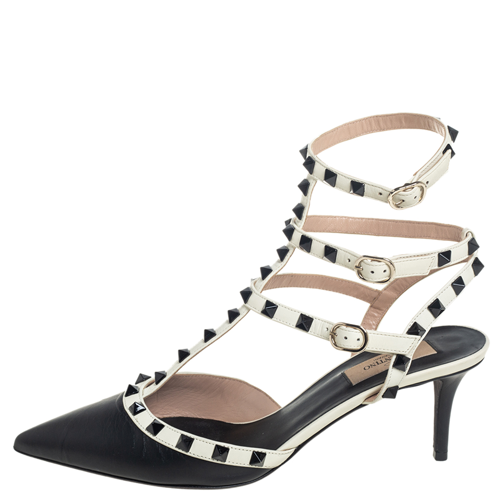 

Valentino White/Black Leather Rockstud Pointed Toe Ankle Strap Sandals Size