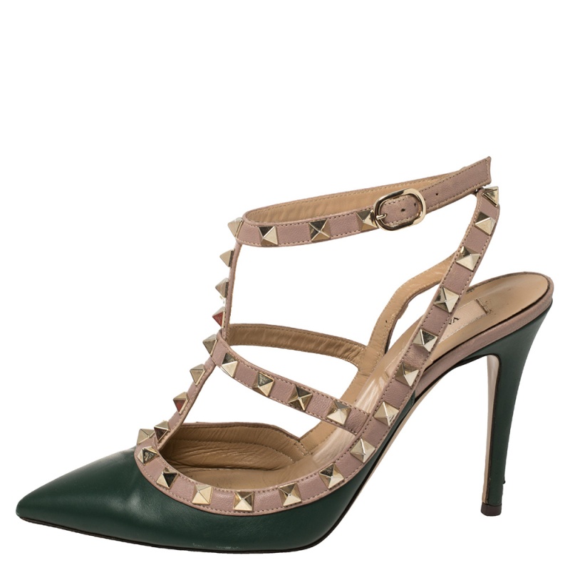 

Valentino Green/Beige Leather Rockstud Ankle Strap Sandals Size