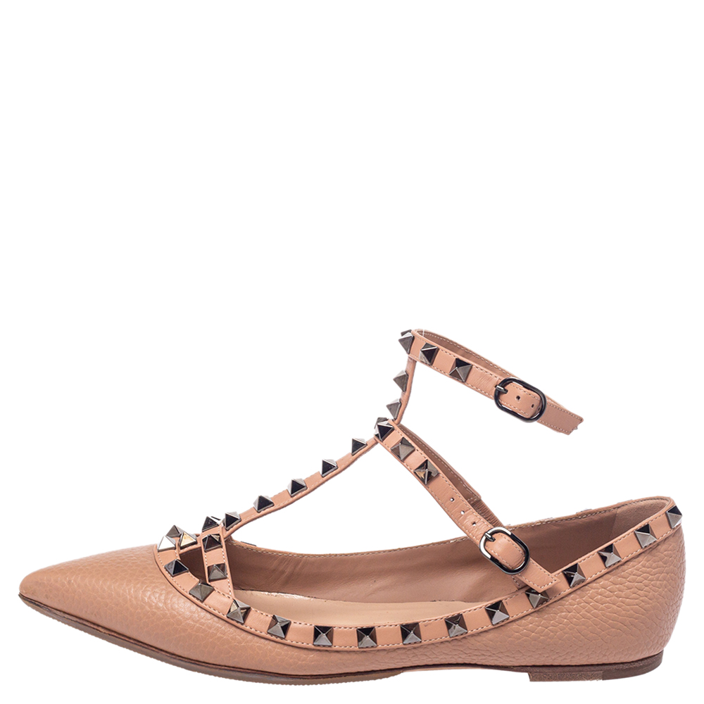 

Valentino Beige Leather Rockstud Ankle Strap Pointed Toe Flats Size