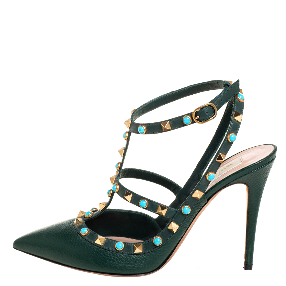 

Valentino Green Leather Rockstud Ankle Strap Pumps Size