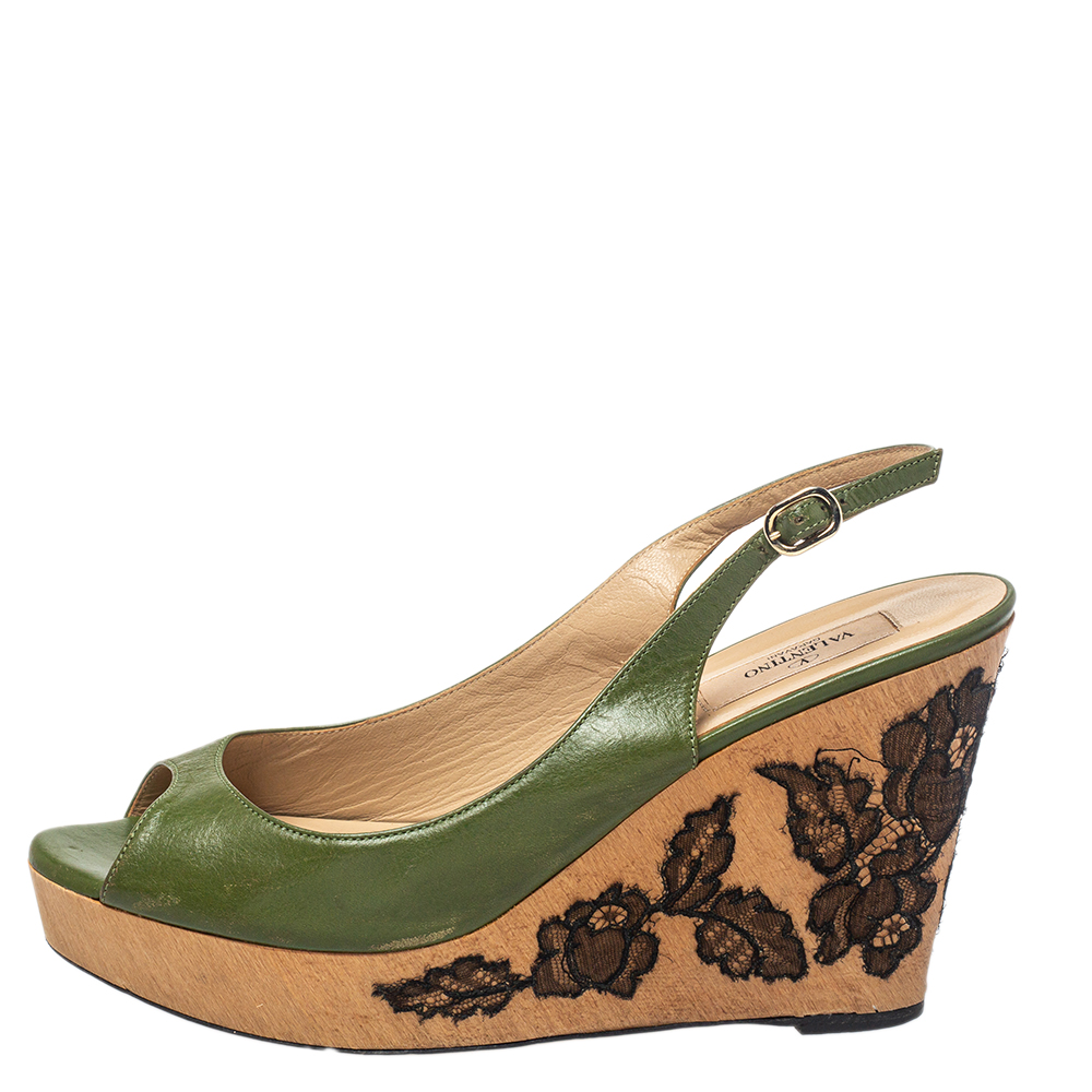 

Valentino Green Leather Wedge Slingback Sandals Size