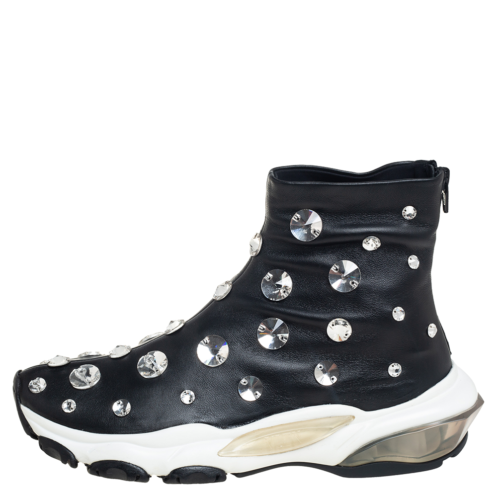 

Valentino Black Leather Crystal Embellished High Top Sneakers Size