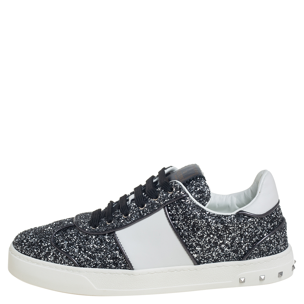 

Valentino Grey/White Glitter And Leather Flycrew Low Top Sneakers Size