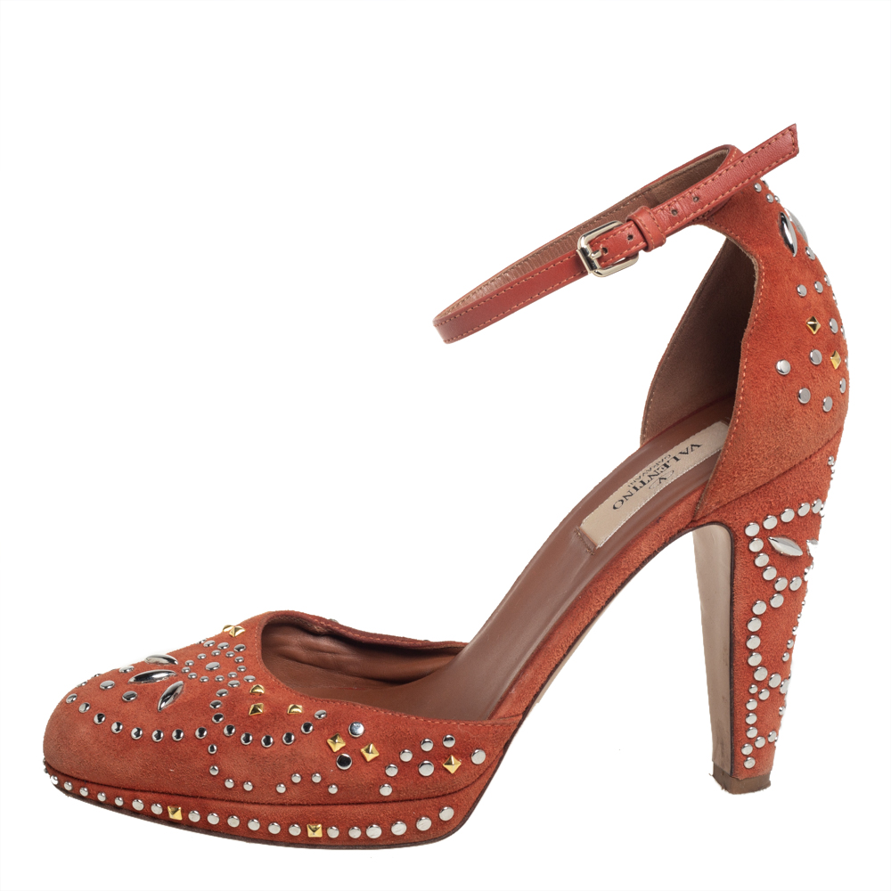 

Valentino Orange Leather And Embellished Suede Teodora Ankle Strap Pumps Size