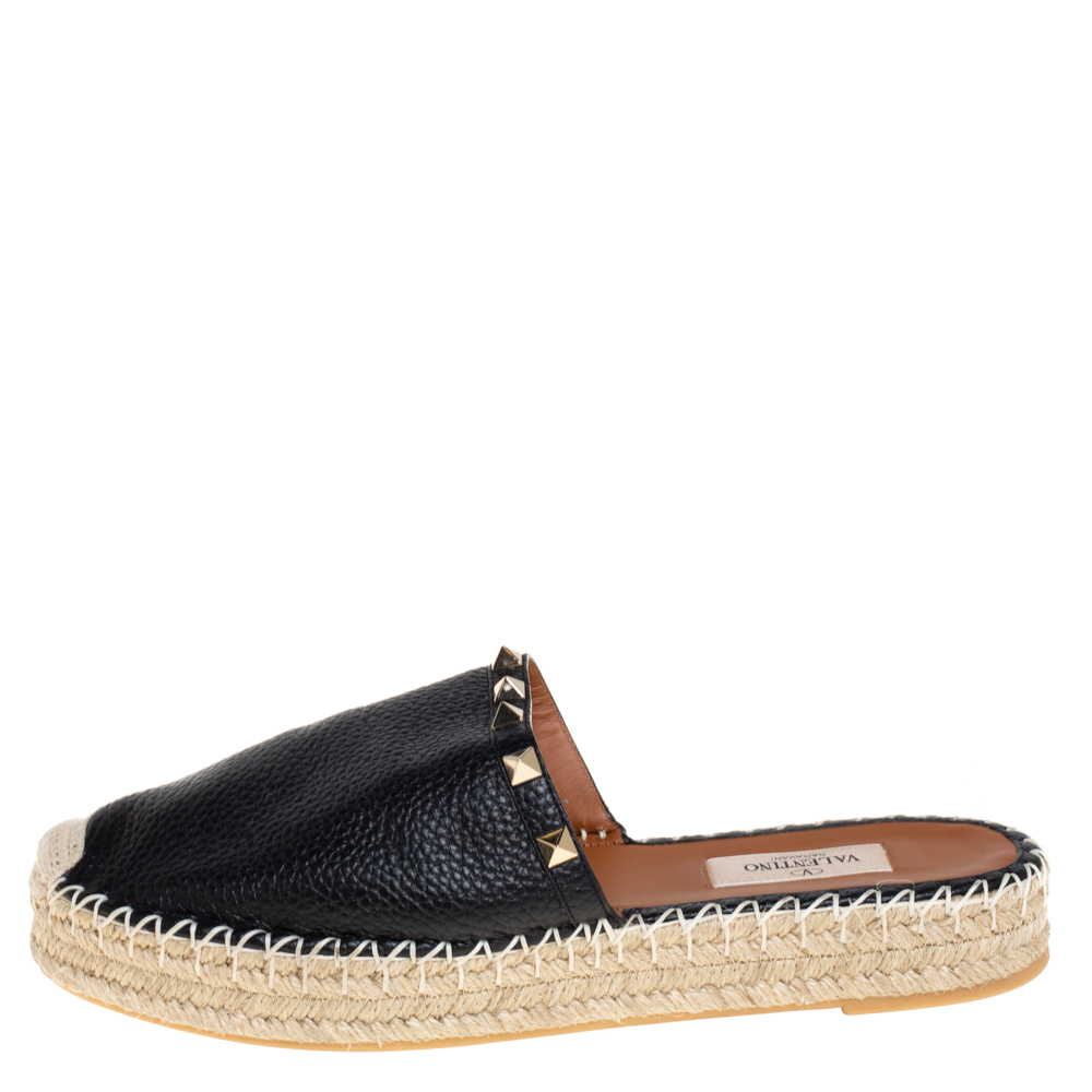 

Valantino Black Leather Espadrille Mules Sandals Size