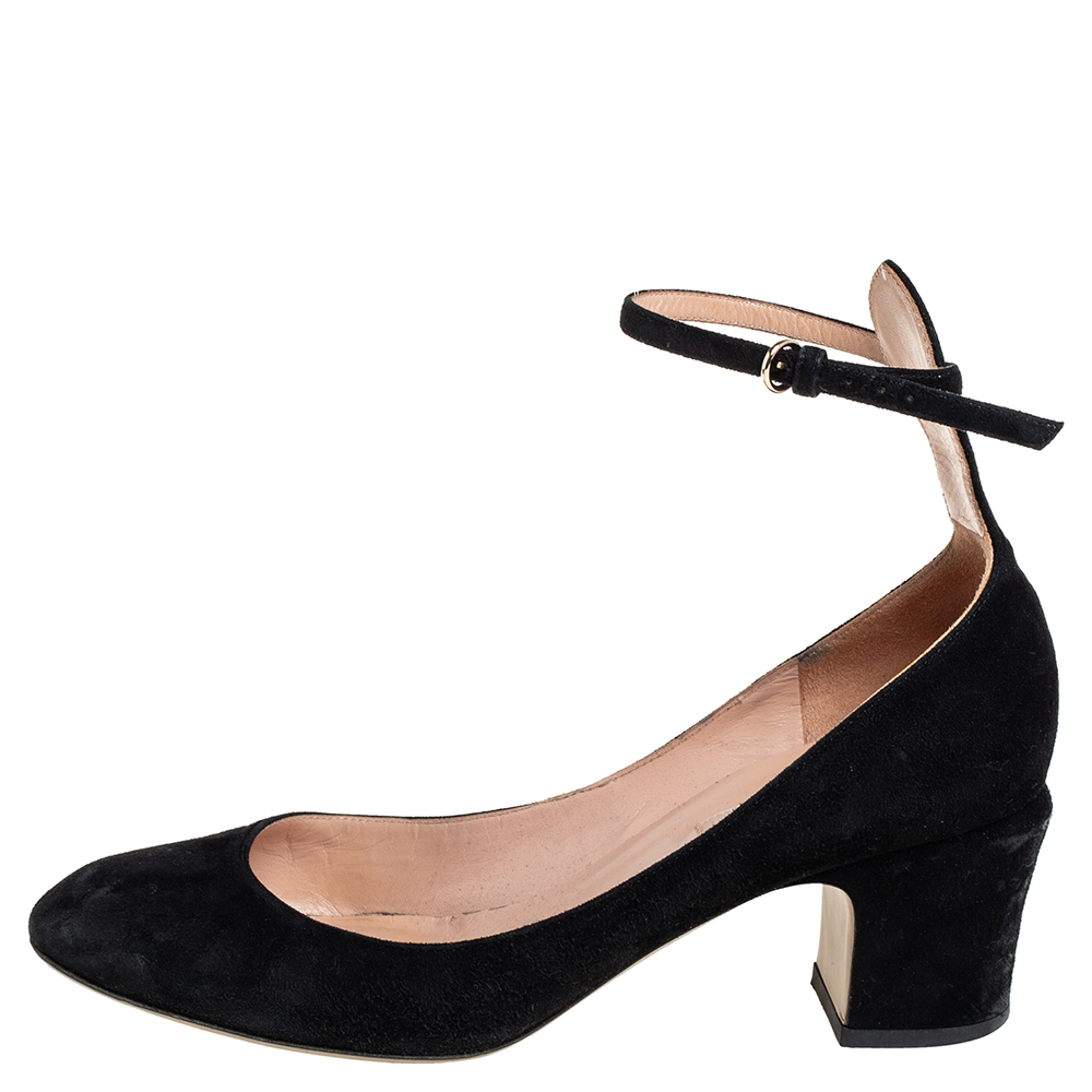 

Valentino Black Suede Block Heel Ankle Strap Pumps Size