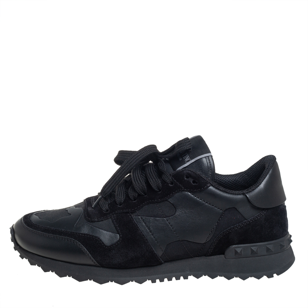 

Valentino Black Leather And Suede Rock Runner Low Top Sneakers Size