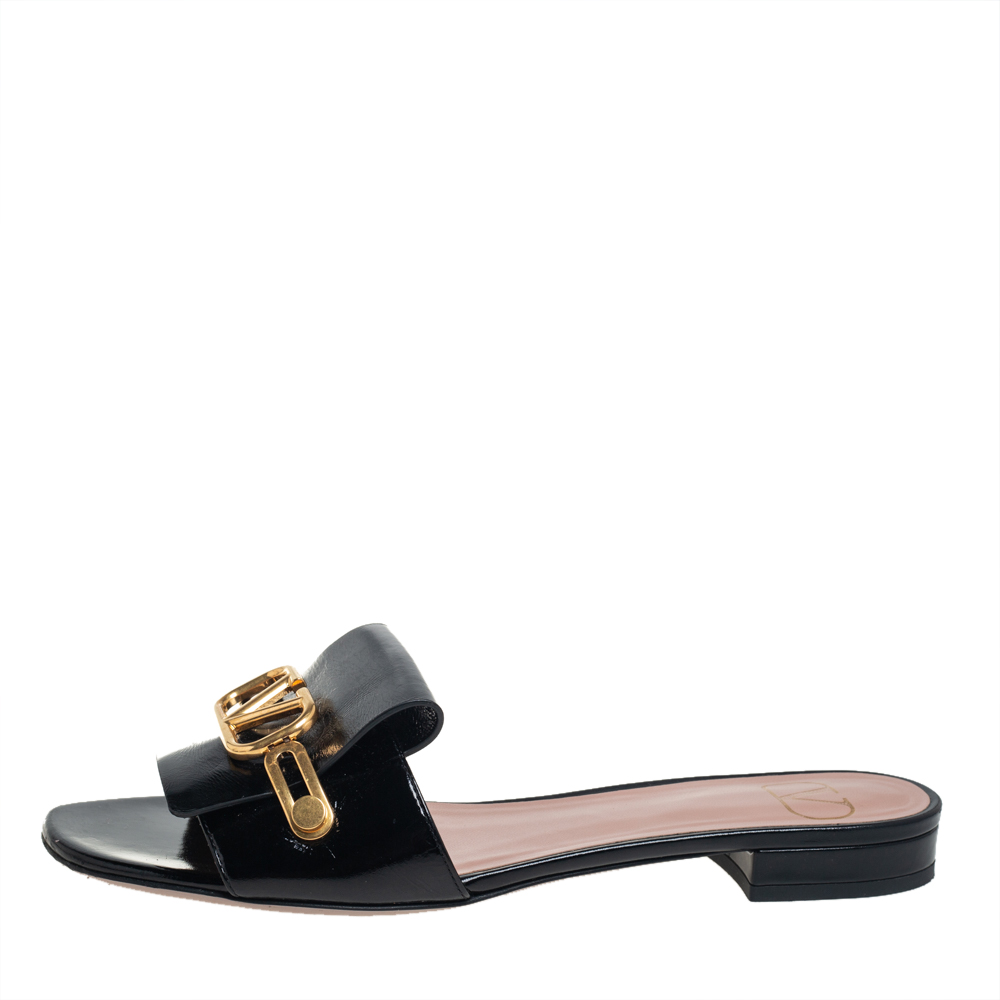 

Valentino Black Leather V Logo Flat Slides Size