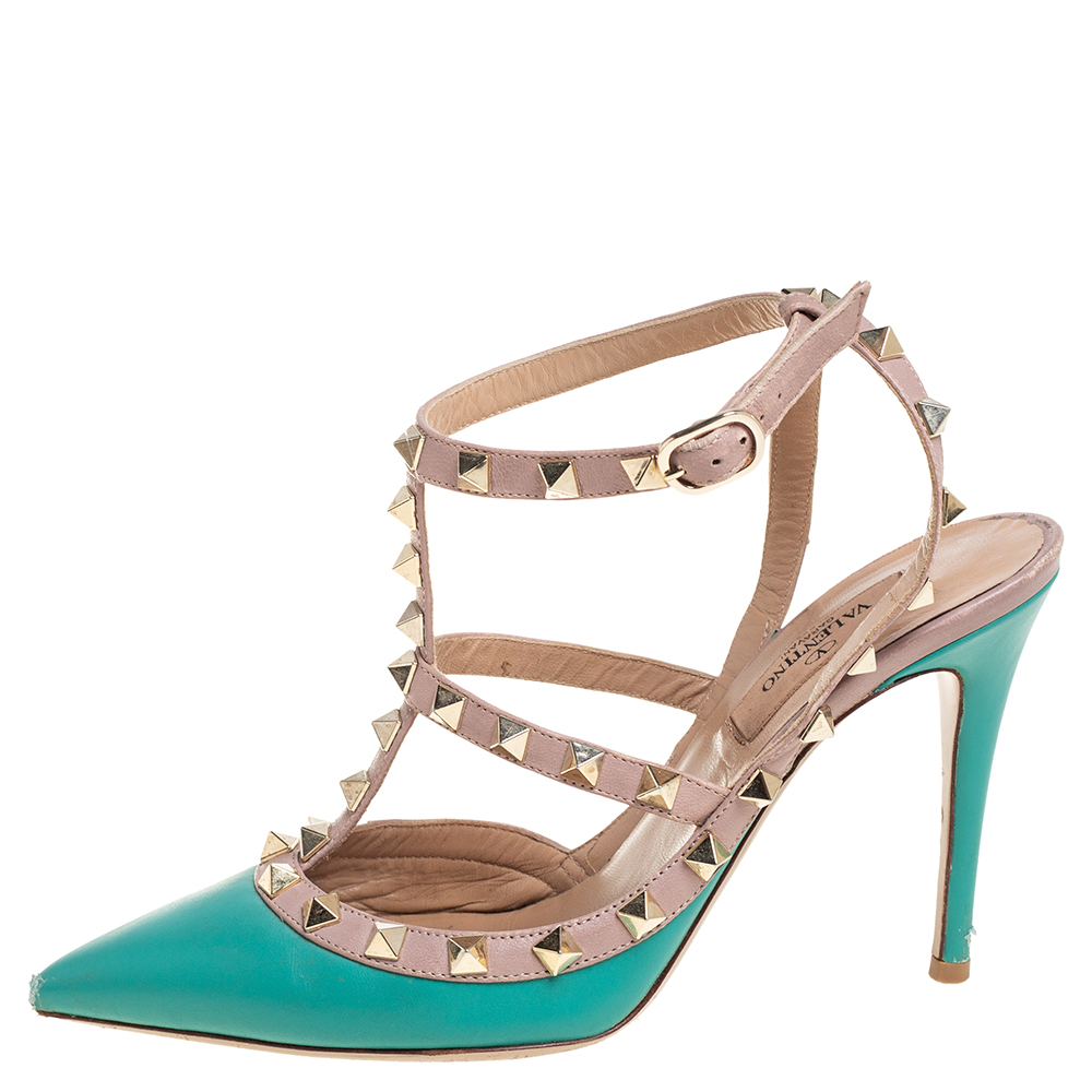 

Valentino Green/Beige Leather Rockstud Pointed Toe Ankle Strap Sandals Size