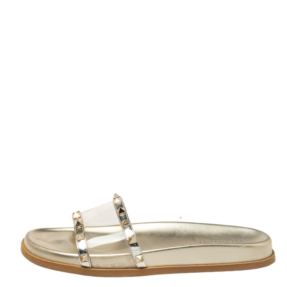 

Valentino Gold Patent Leather And PVC Rockstud Slide Sandal Size