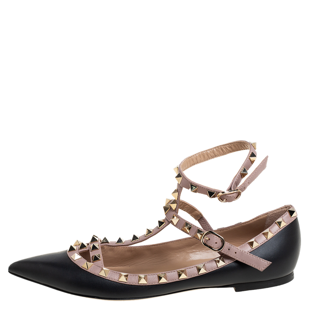 

Valentino Black Leather Rockstud Ankle Strap Ballet Flats Size