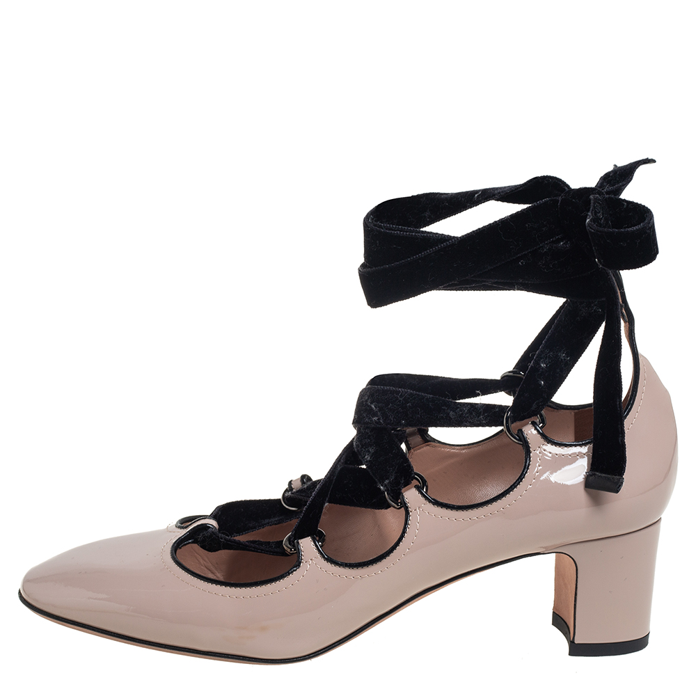 

Valentino Beige/Black Square Toe Crisscross Lace-Up Pumps Size