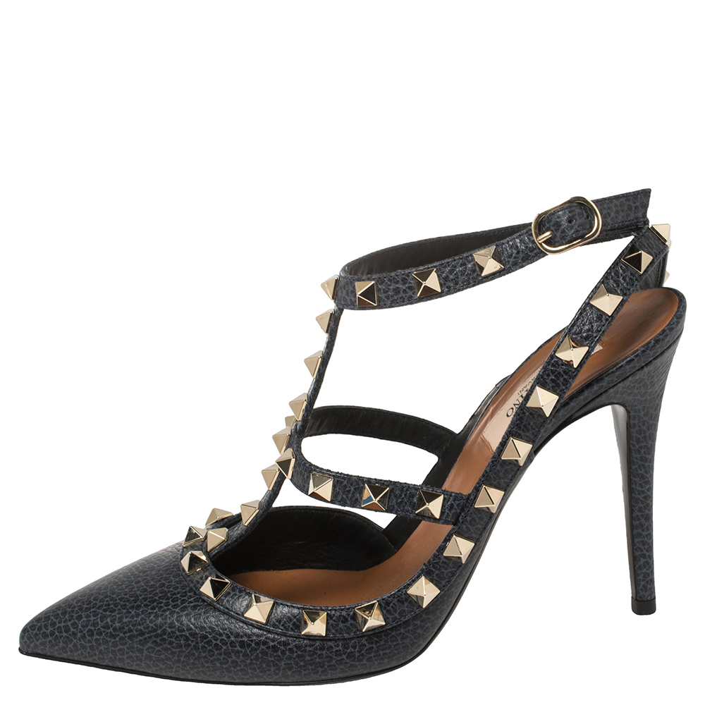 

Valentino Blue Leather Rockstud Pointed Toe Ankle Strap Pumps Size