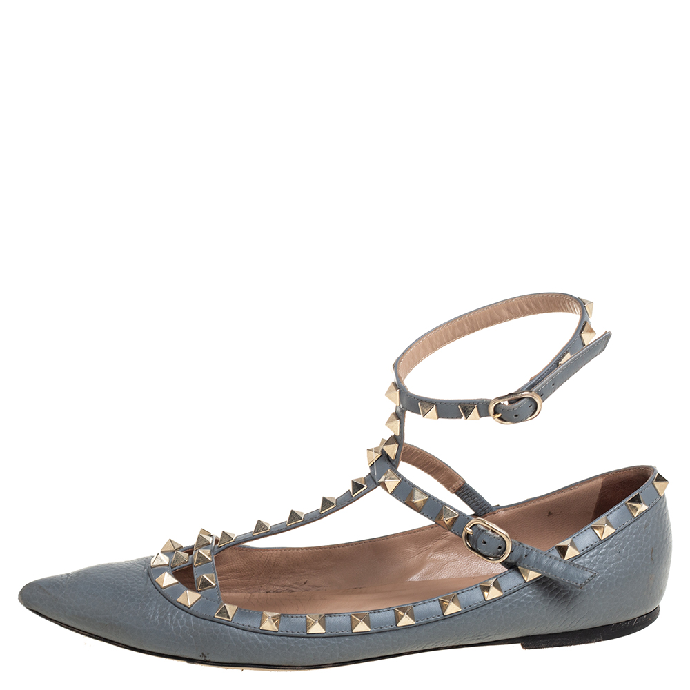 

Valentino Grey Leather Rockstud Ankle Strap Ballet Flats Size