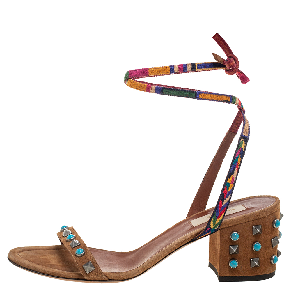 

Valentino Brown Leather Rockstud Rolling Embroidered Ankle Wrap Sandals Size