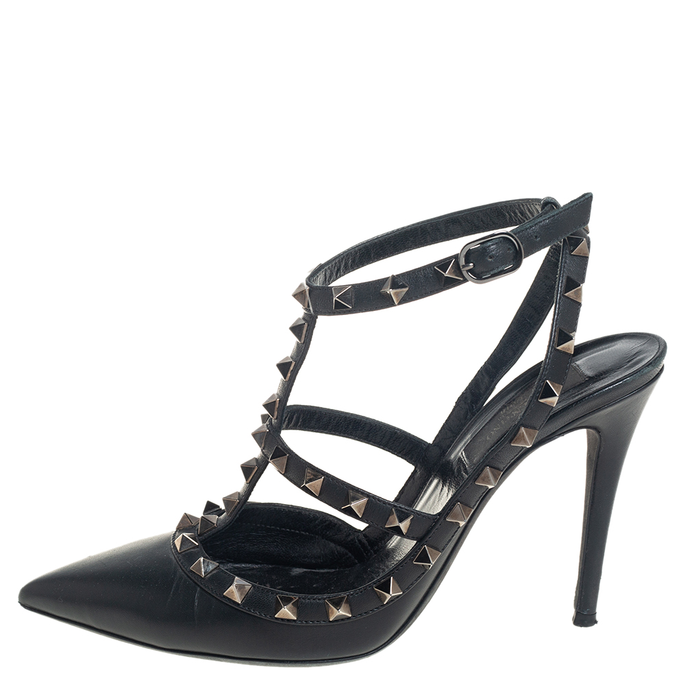 

Valentino Black Leather Rockstud Pointed Toe Ankle Strap Sandals Size