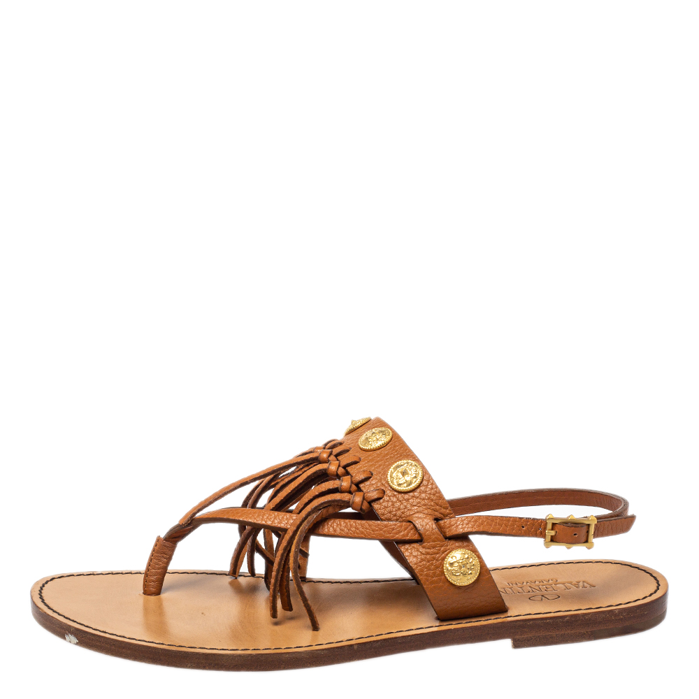 

Valentino Brown Leather Fringed Coin Detail Flat Sandals Size