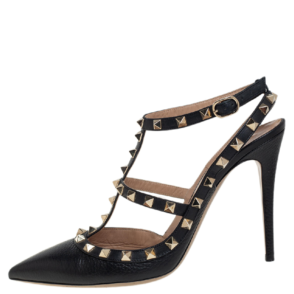 

Valentino Black Leather Rockstud Pointed Toe Ankle Strap Sandals Size