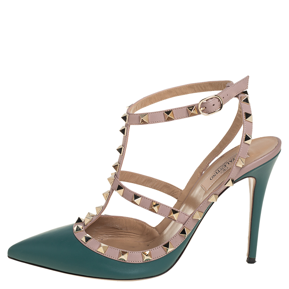 

Valentino Teal Green/Beige Leather Rockstud Pointed Toe Ankle Strap Sandals Size