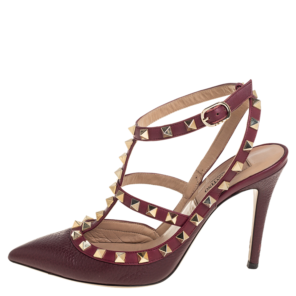 

Valentino Burgundy Leather Rockstud Pointed Toe Ankle Strap Sandals Size