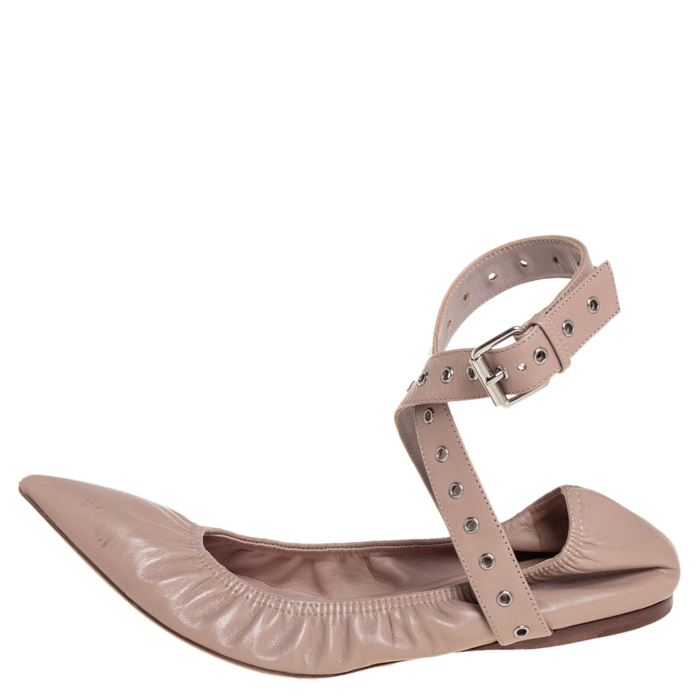 

Valentino Beige Leather Love Latch Ankle Strap Scrunch Ballet Flats Size