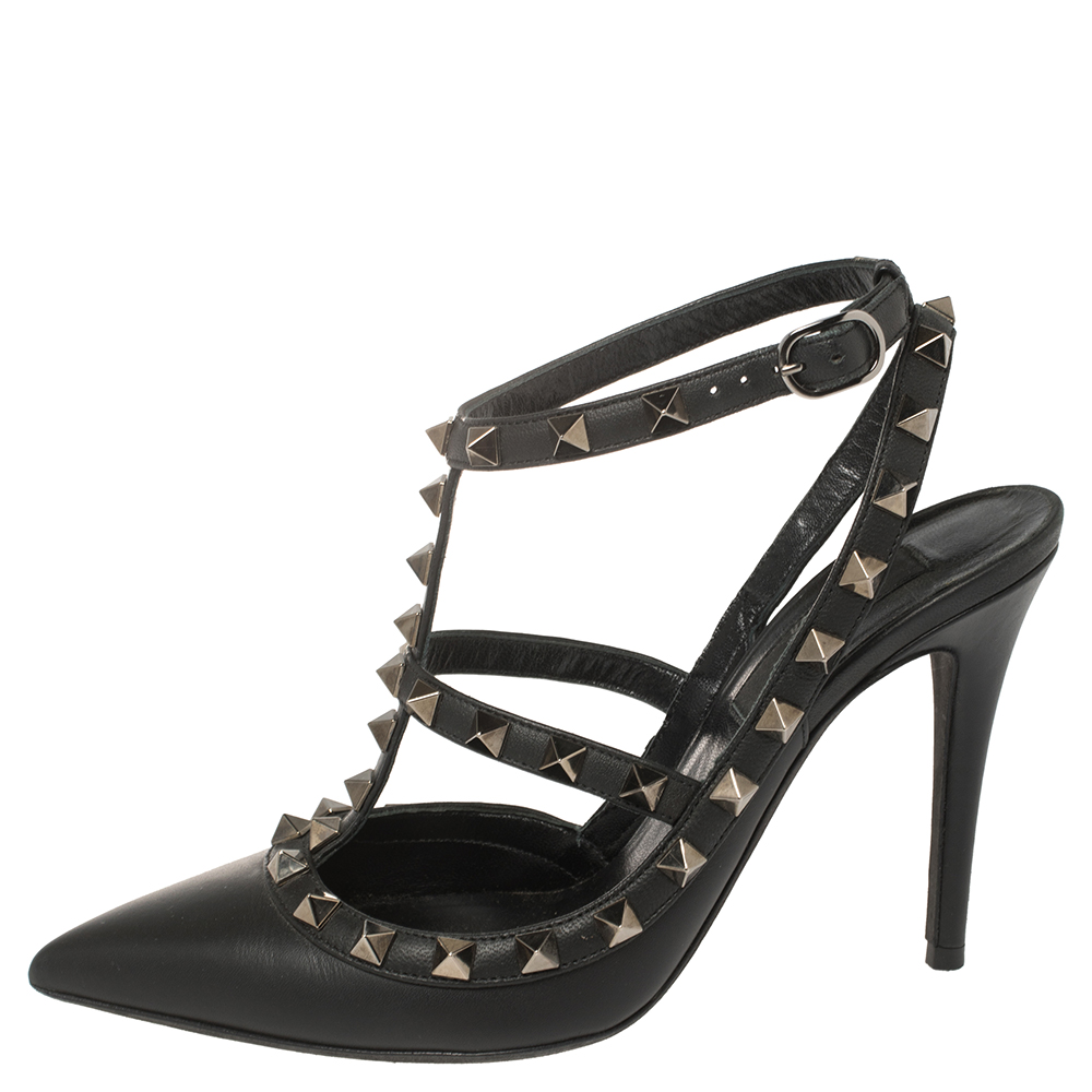 

Valentino Black Leather Rockstud Pointed Toe Ankle Strap Sandals Size