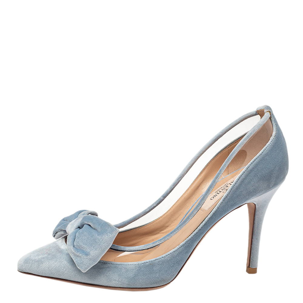 

Valentino Light Blue PVC And Velvet Dollybow Pointed Toe Pumps Size