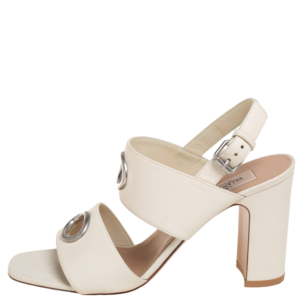 

Valentino Cream Leather Block Heel Slingback Sandals Size